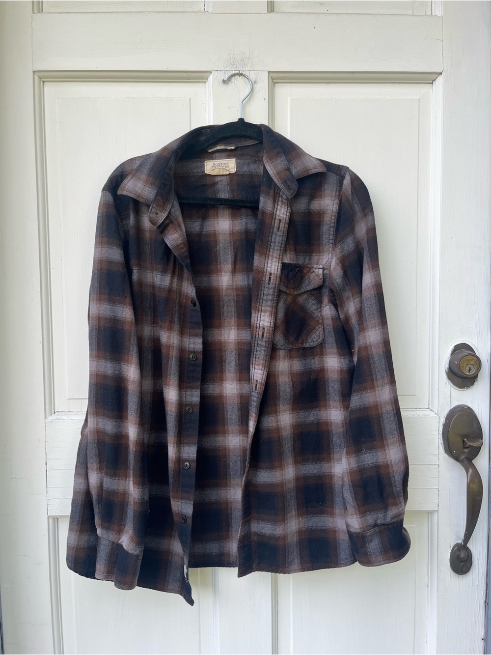 Boston Traders Plaid Lightweight Shirt Jacket in Brown and Gray Tones